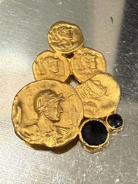 Vintage Gold-Tone Ancient Roman Greek Coin Cluster Brooch Pin with Black Cabocho